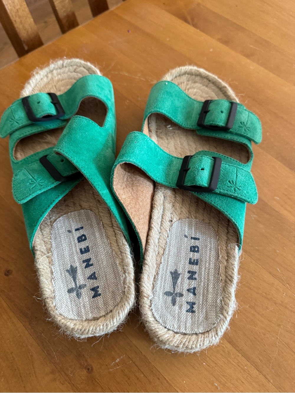 Manebi Women's Green Suede Double-Buckle Slide Sandals